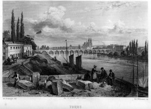 Stadsgezicht van Tours, Indre-et-Loire, Centre, Frankrijk. Gravure door Willmann in 