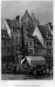 Marktplaats van de stad Noyon, Oise, Picardië, Frankrijk. Gravure door Willmann in 