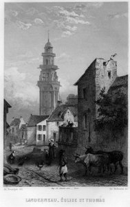Uitzicht op Landerneau en de Sint-Thomas kerk, Finistère, Bretagne, Frankrijk. Gravure door Willmann in 