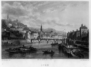 Uitzicht op de stad Lyon, departement Rhone, regio Rhone-Alpes, Frankrijk. Gravure door Willmann in 