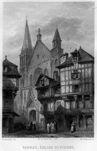 Uitzicht op de stad Vannes en de Kerk van Saint Pierre, Morbihan, Bretagne, Frankrijk. Gravure door Willmann in 