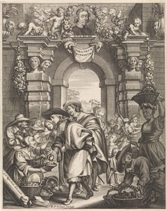 Twee heren kopen paddenstoelen op de markt door Edouard van Ordonie