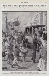 Koning Edward VII en Koningin Alexandra ontmoeten een religieuze processie op straat tijdens hun bezoek aan Napels, Italië door Edouardo Matania