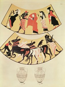 Ontwerpen van een Etruskische vaas die een processie van priesters en het uitzetten van de grenzen van een nieuwe stad met een door ossen getrokken ploeg weergeven