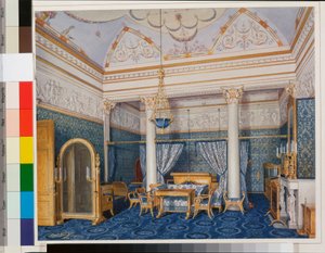 Interieurs van het Winterpaleis : De slaapkamer van keizerin Alexandra Fjodorovna - Aquarel op papier door Eduard (Edouard) Hau (1807-1887) door Eduard Hau