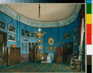 Interieurs van het Winterpaleis : De slaapkamer van kroonprins Nikolaj Aleksandrovitsj - Aquarel op papier door Eduard (Edouard) Hau (1807-1887) door Eduard Hau