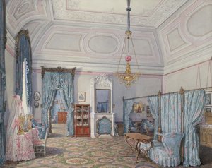 Interieurs van het Winterpaleis. Het vijfde gereserveerde appartement. De slaapkamer van grootvorstin Maria Alexandrovna, 1873