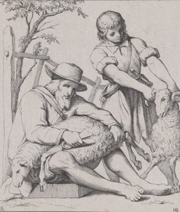 Twee Mannen die Schapen Scheren, ca. 1842 door Eduard Julius Friedrich Bendemann