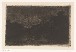 Landschap met huizen en molen bij avond door Eduard Karsen (signed by artist)