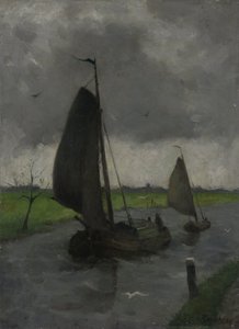 Waterweg met zeilschepen