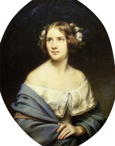Portret van Jenny Lind, staand half lengte in een witte jurk en een lichtblauwe sjaal