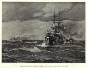 De keizerlijke tour, H.M.S. Ophir, geëscorteerd door H.M.S. Juno en H.M.S. St George, in de Indische Oceaan