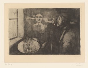Vrouw en pijprokende man aan een tafel