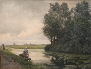 Nederlands landschap. Een meisje wast bij een kanaal door Edvard Petersen