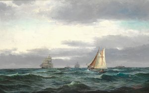 Marine met verschillende schepen, grijze regenwolken en een beetje blauwe lucht
