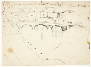 Uitzicht vanuit een raam bij Lungarno over de rivier richting Santo Spirito en San Miniato heuvels, Florence