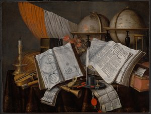 Een vanitas stilleven met een vlag, kandelaar, muziekinstrumenten, boeken, schrijfgerei, globes en zandloper door Edwaert Collier