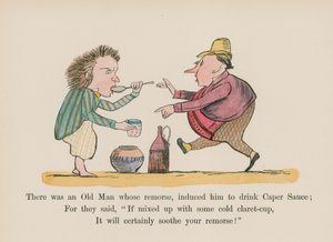 Er was een oude man wiens berouw hem ertoe bracht kapersaus te drinken (gekleurde gravure)