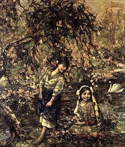 De zwanenvijver door Edward Atkinson Hornel