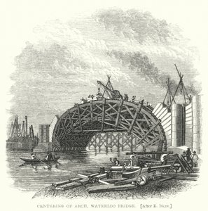Centreren van Boog, Waterloo Brug (gravure) door Edward Blore