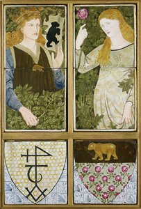 Koning Arthur en Koningin Guinevere, Zes Tegelpaneel vervaardigd door Morris, Marshall, Faulkner & Co. door Edward Burne Jones