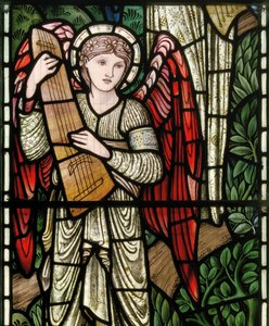 Wilden, All Saints, Morris & Co., Edward Burne-Jones, John Henry Dearle, Engelen van het paradijs, Angel Musicians (detail), Louisa, Alfred, The Baldwins, Premier, Methodist, Worcestershire door Edward Coley and Dearle Burne Jones