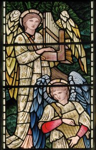 Wilden, All Saints, Morris & Co., Edward Burne-Jones, John Henry Dearle, Engelen van het paradijs, Angel Musicians (detail), Louisa, Alfred, The Baldwins, Premier, Methodist, Worcestershire door Edward Coley and Dearle Burne Jones