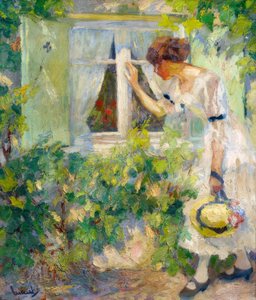 Jonge vrouw kijkt door een raam door Edward Cucuel