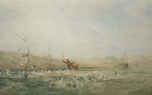 Vissers die Meeuwen van de Netten Verjagen, Mumbles, Zuid-Wales door Edward Duncan
