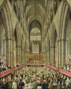 Een interieurzicht van Westminster Abbey tijdens de herdenking van Händel