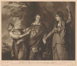 Portret van David Garrick tussen komedie en tragedie door Edward Fisher