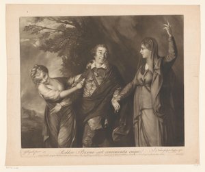 Portret van David Garrick tussen personificaties van komedie en tragedie