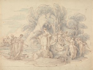 Telemachus en Mentor landen op het eiland Calypso door Edward Francis Burney