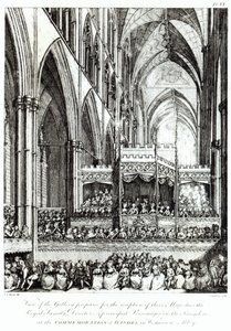 Uitzicht op de galerij voorbereid voor de ontvangst van hun Majesteiten de Koninklijke Familie, Directeuren en voorname personen in het Koninkrijk bij de herdenking van Handel in Westminster Abbey, gegraveerd door Joh door Edward Francis Burney
