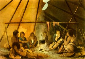 Interieur van een Cree Indianen Tent