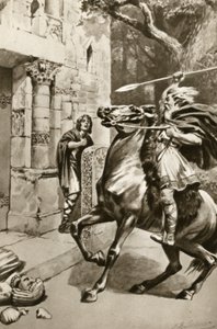 Hogepriester Coifi rijdt Goodmanham Lane op om de afgoden te verpletteren, illustratie uit 