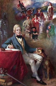 Sir Walter Scott en enkele van zijn beroemdste creaties (kleur litho)