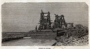 Baggermolens op het Suezkanaal, tekening door Grenet, om een excursie naar het Suezkanaal in 1862 door Paul Merruau te illustreren. Gravure in 