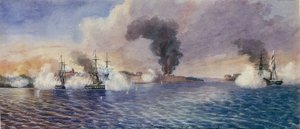 Het bombardement van Bomarsund (Finland), augustus 1854, tijdens de Krimoorlog door Edward Hodges Cree