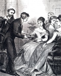 Gravure die een heer toont die een dame een schotel gelei aanbiedt tijdens een diner