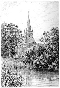 Stratford kerk gezien vanaf de rivier, Stratford-upon-Avon, Warwickshire, 1885