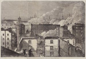 De Ruïnes van de recente Grote Brand in Southwark