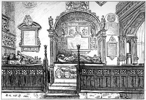 De kerkbank in de Clopton-kerk, Stratford-upon-Avon, Warwickshire, 1885 door Edward Hull