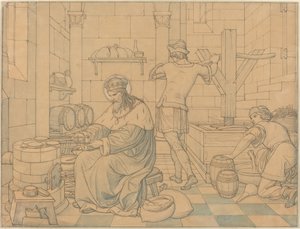 Sint Wenzel bakt hosties terwijl twee jongeren wijn persen door Edward Jakob von Steinle