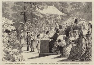 Kinderbloemenshow in Grosvenor House, de hertogin van Westminster deelt de prijzen uit door Edward Killingworth Johnson