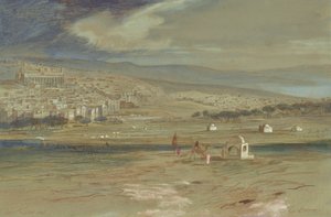 Gezicht op de stad Hebron met kamelen en figuren op de voorgrond door Edward Lear