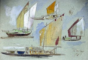 Studies van Venetiaanse boten, met volle zeilen. Gekleurde aquareltekening, door Edward Lear (1812-1888). door Edward Lear