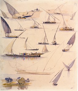 Studies van verschillende Egyptische boten. Gekleurde aquareltekening door Edward Lear