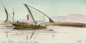 Studie van gyassi (Egyptische boot), op de Nijl bij Ballas (Egypte) door Edward Lear