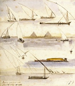Studie van verschillende Egyptische boten (Dahabeeyahs en Gyassis), met een scène voor de piramides van Gizeh (Caïro) in het midden van de pagina door Edward Lear